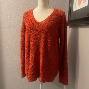Soft, cozy, oversized v-neck boucle sweater, rusty orange, medium